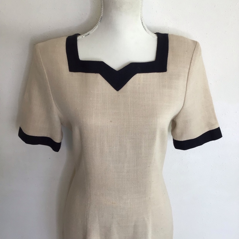 Jacqueline Ferrar Vintage Women Cream Black Trim Sheath Dress Square Neck 4 - Picture 4 of 11
